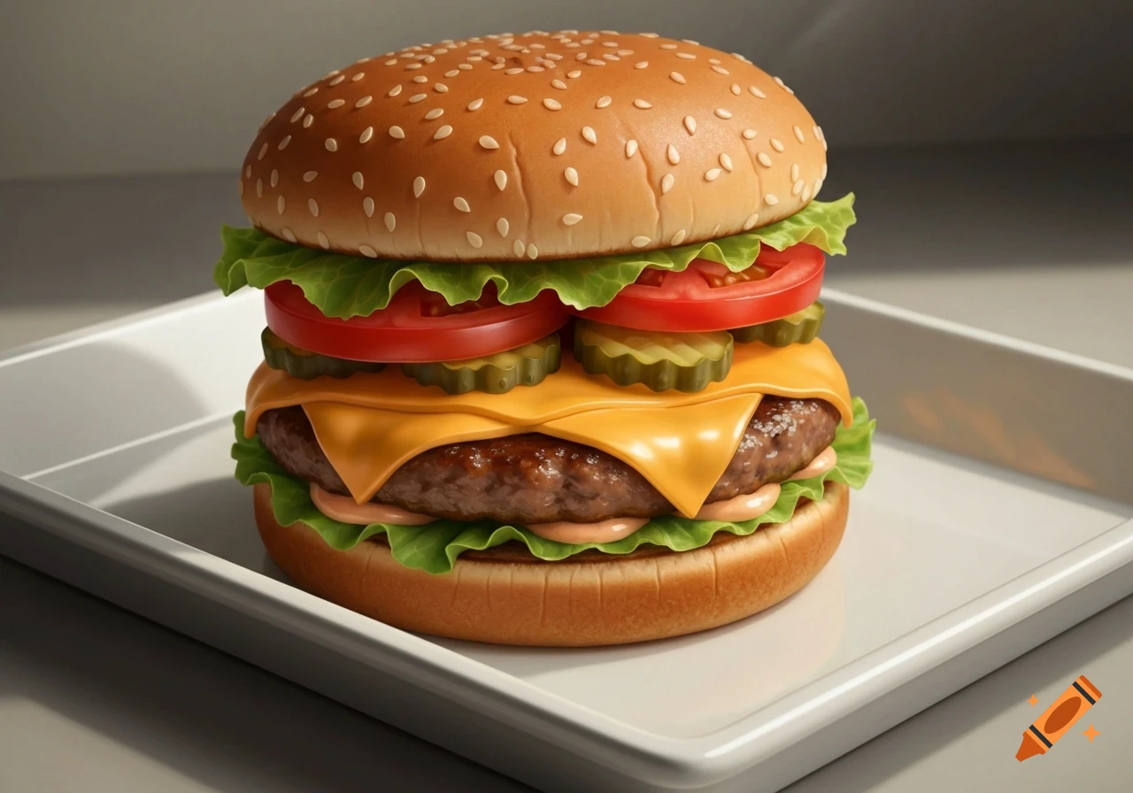 A photorealistic, fully assembled cheeseburger with lettuce, tomato, pickles, cheese, and sauce, resting on a white rectangular tray.