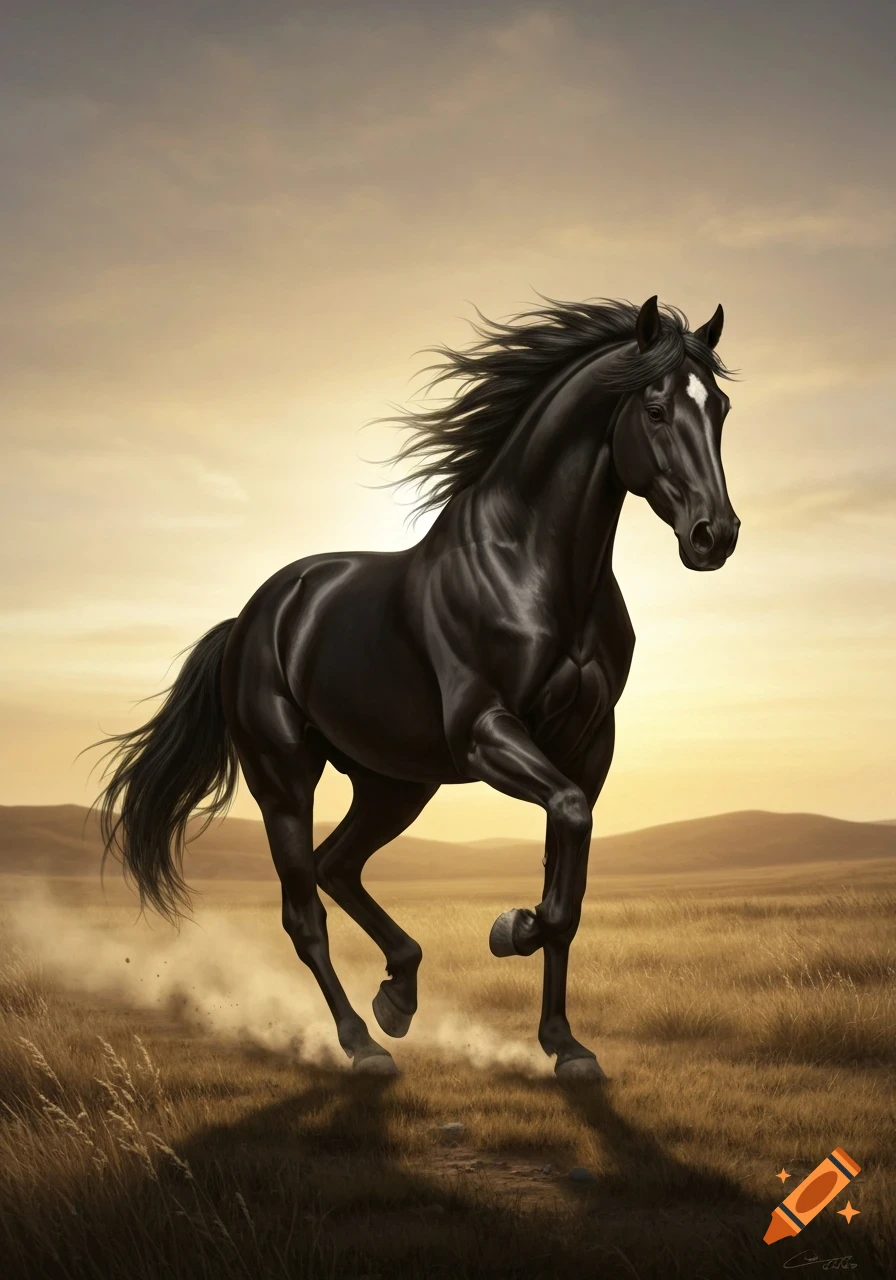 A majestic black horse with a white blaze gallops through a golden field under a dramatic sunset sky, kicking up dust.