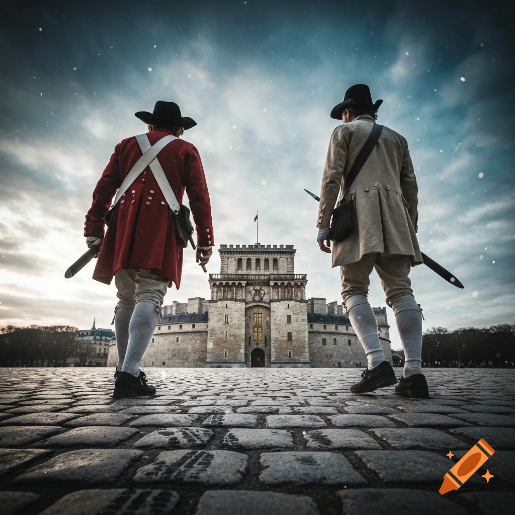 Low-angle, photorealistic image of two figures in historical attire walking on a cobblestone square towards a large stone fortress under a cloudy sky.