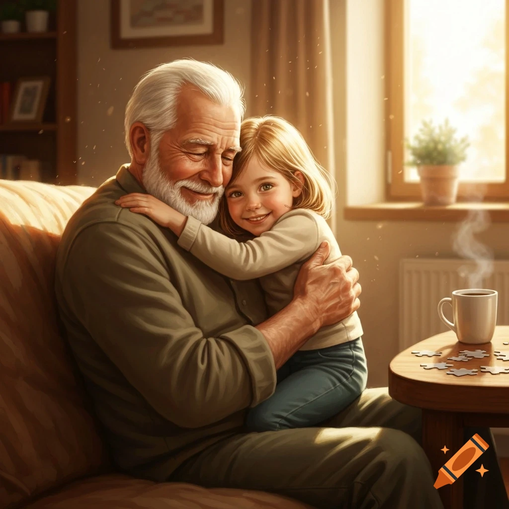 A smiling grandfather with a white beard hugs his young granddaughter in a warm, sunlit room, with coffee and puzzle pieces on a table.