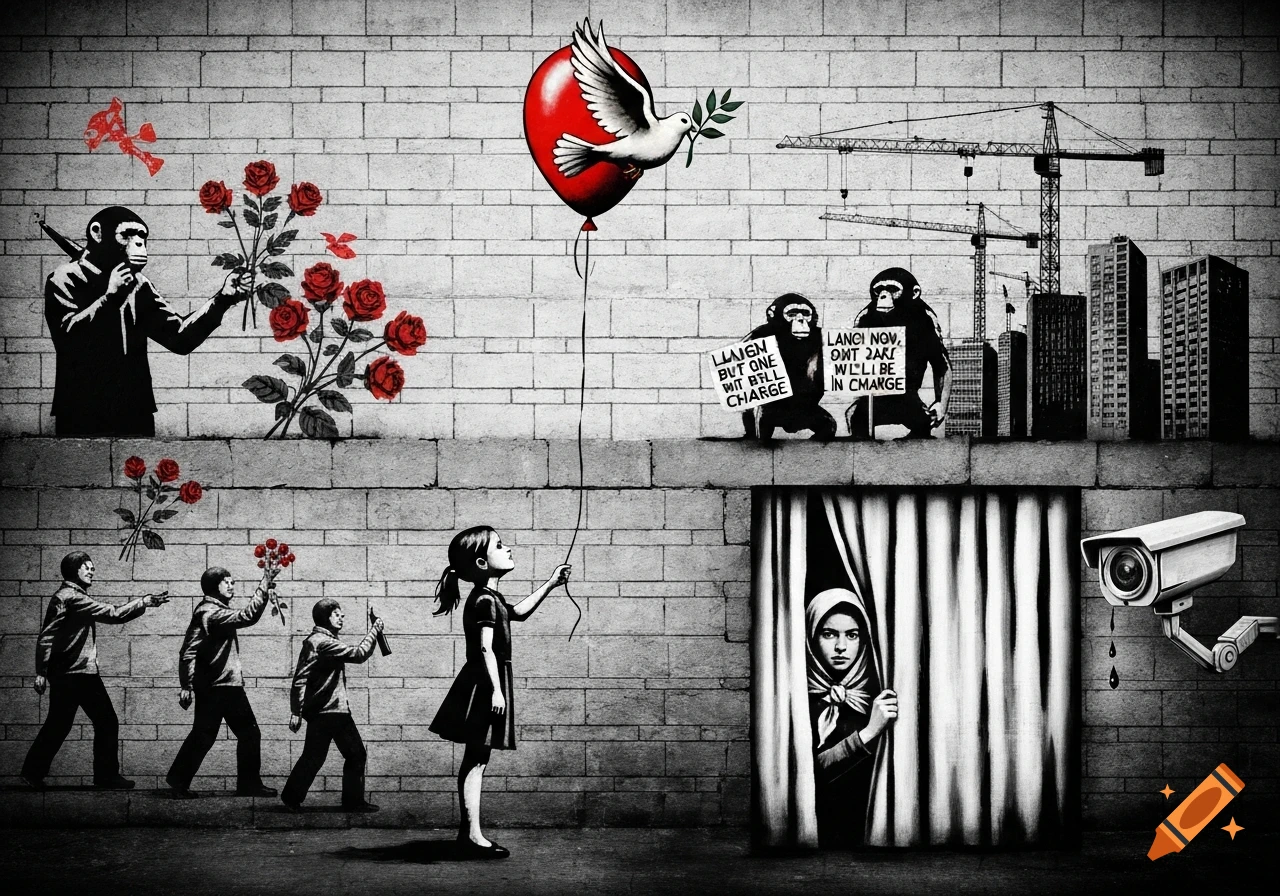 Banksy-style mural on a brick wall: girl with balloon and dove, monkey throwing roses, monkeys with signs, woman behind curtain, crying CCTV camera.