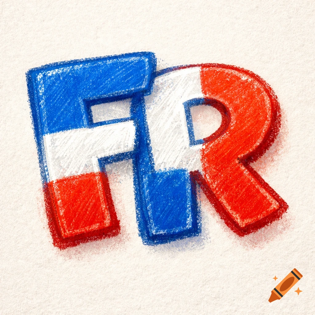 Childish crayon illustration of the letters FR colored with blue, white, and red French flag colors.
