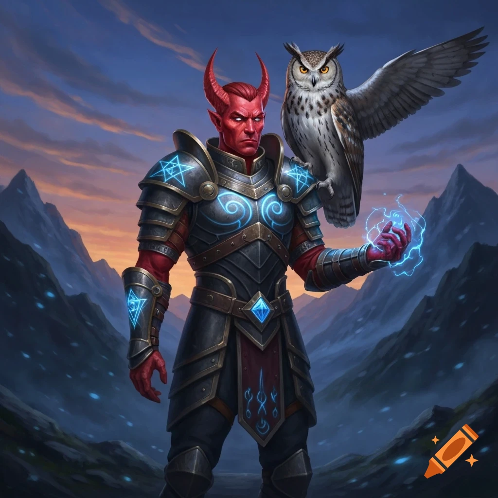A red-skinned Tiefling knight in glowing armor casts blue magic with an owl on his shoulder, against a mountain sunset.