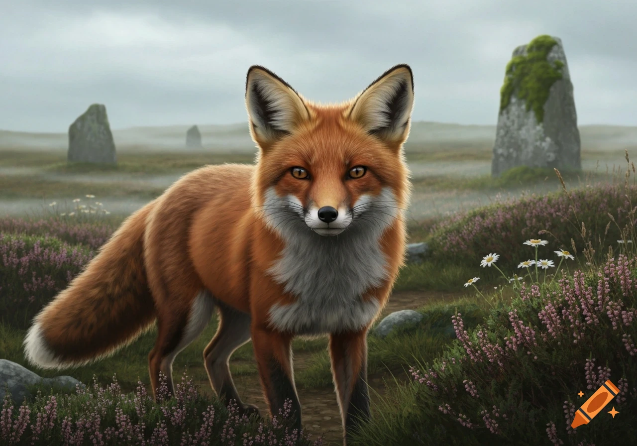 A photorealistic red fox with a white chest stands in a misty, heather-covered field with ancient standing stones.