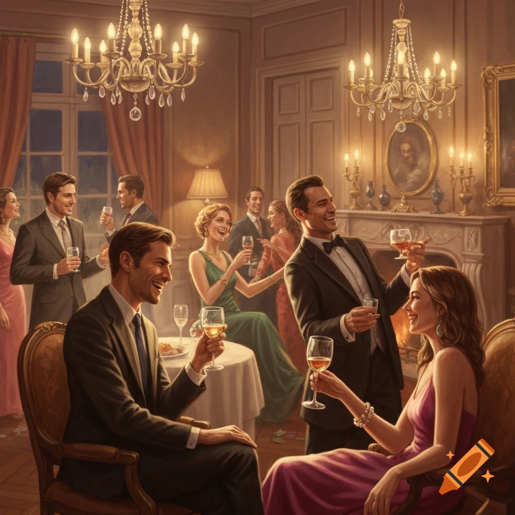 A group of elegantly dressed people socializing at a fancy indoor party with chandeliers and a fireplace.