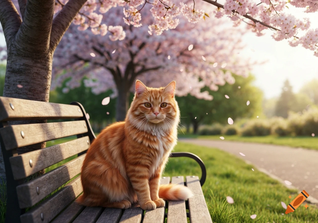 An orange cat sits on a park bench under blooming cherry blossom trees with pink petals falling in a photorealistic style.