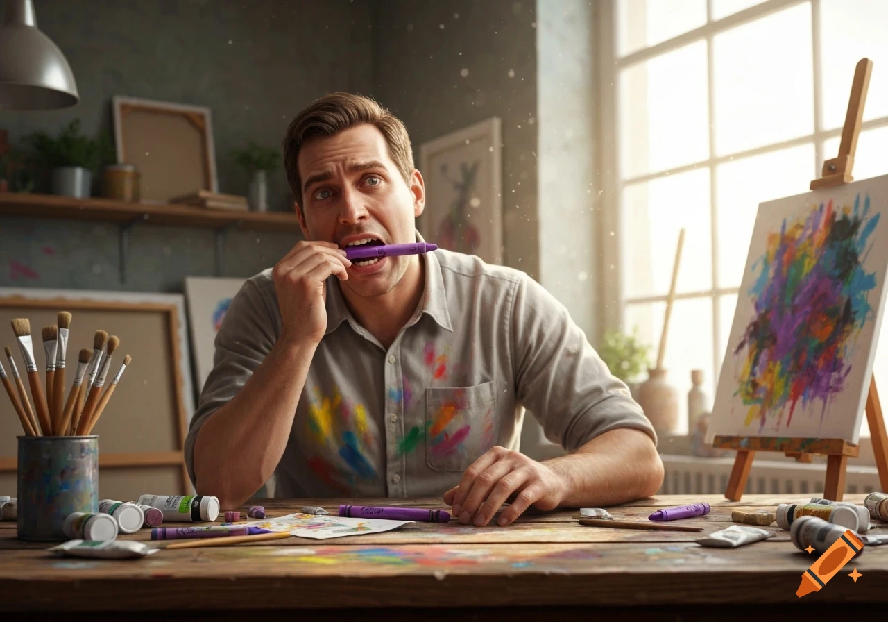 A distressed male artist bites a purple crayon in his mouth, surrounded by art supplies in a sunlit studio.