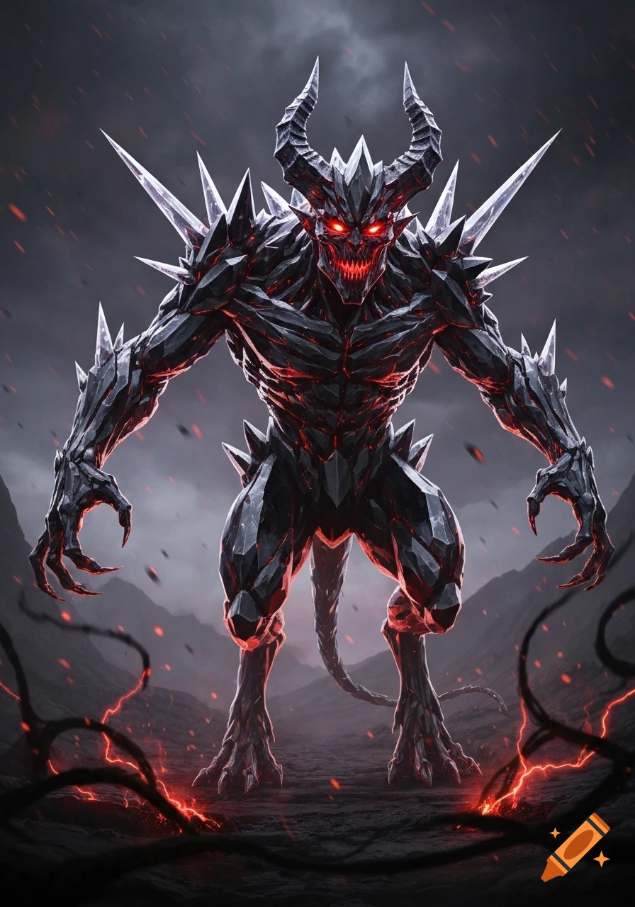 A menacing dark crystal devil with glowing red eyes and mouth, covered ...