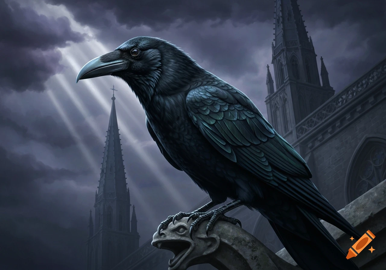 A detailed black raven with a long beak perched on a gargoyle on a gothic cathedral under a dramatic, cloudy sky with sun rays.