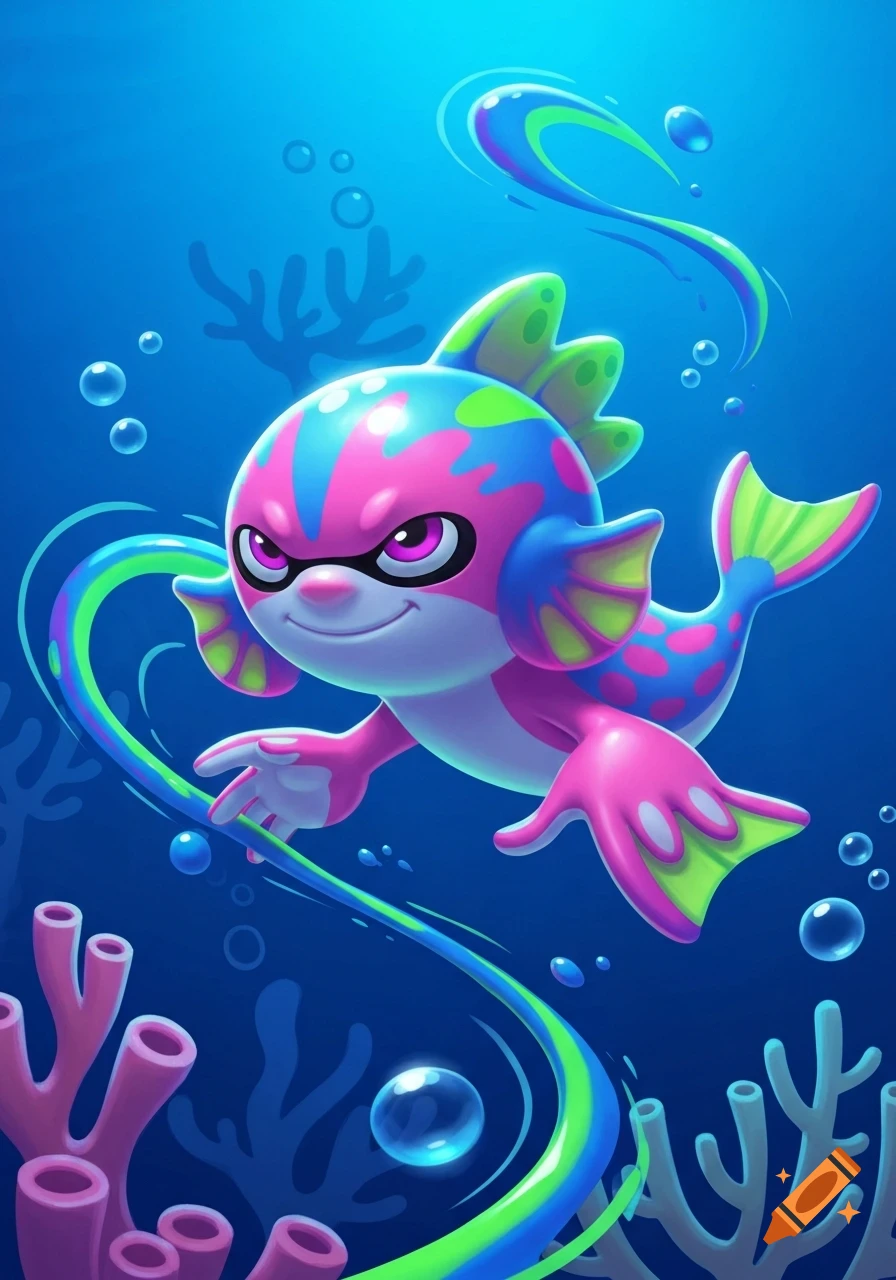 A vibrant, cartoon ocean critter in Splatoon style, with pink, blue, green, and purple markings, swims underwater leaving a colorful trail.