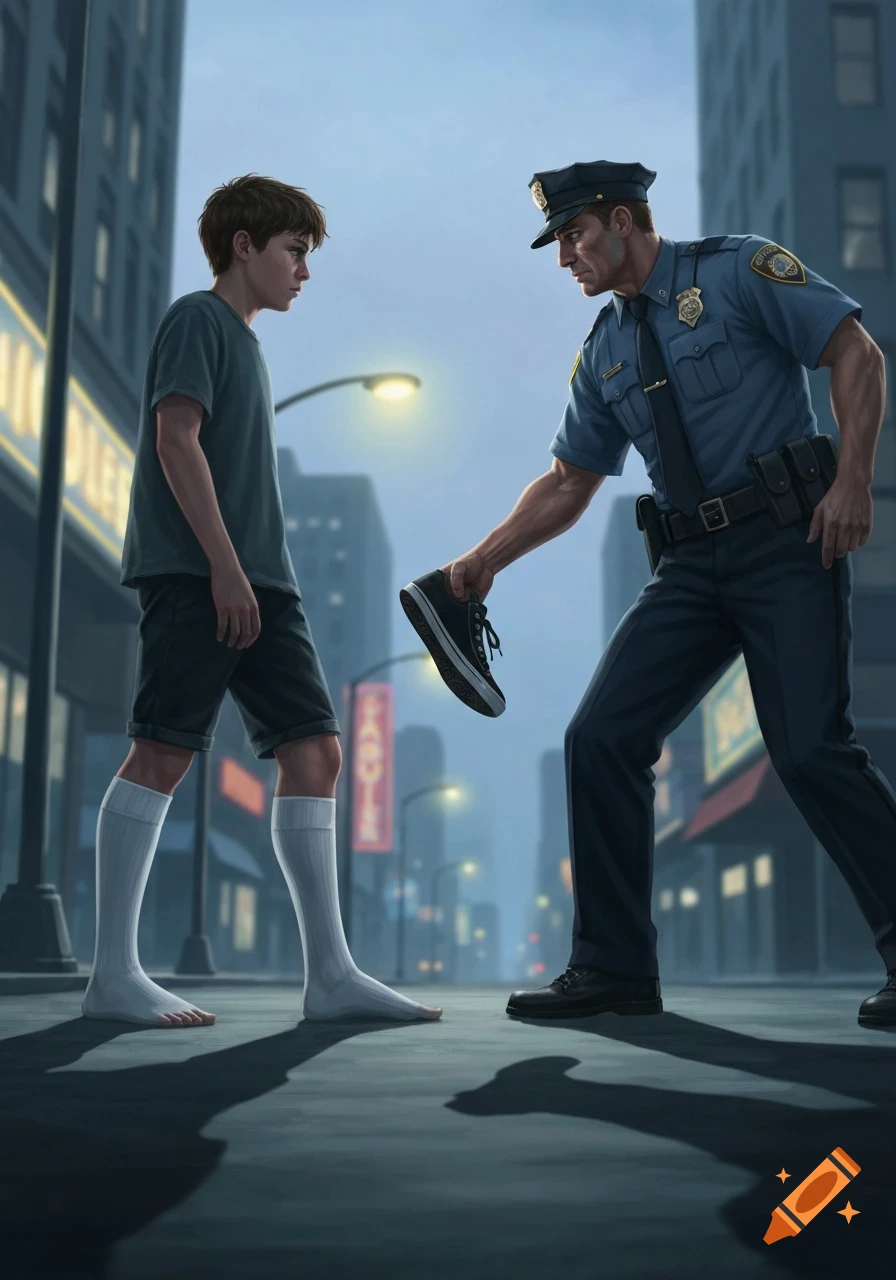 An illustration of a police officer holding a black sneaker, speaking to a boy in white socks on a city street.