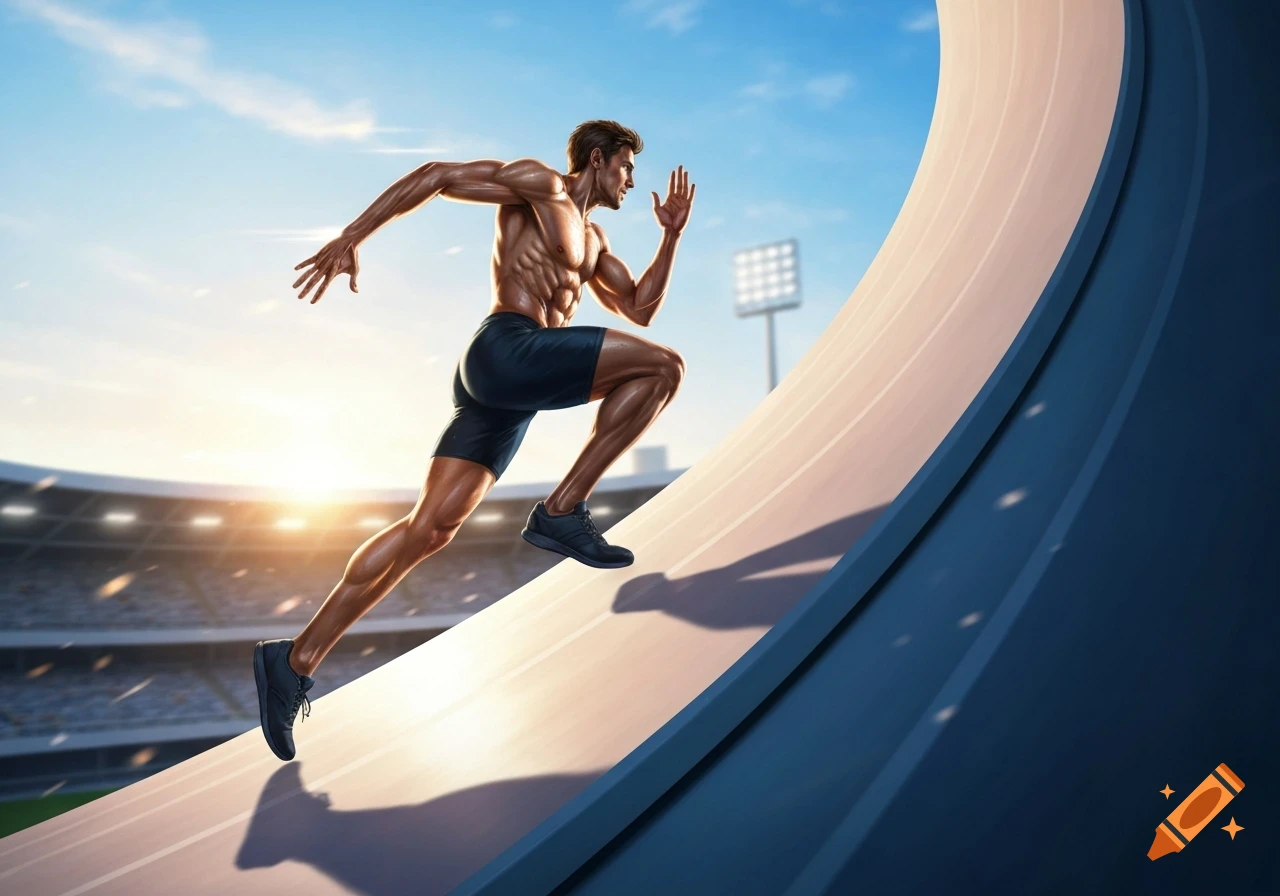 Muscular man running shirtless up a curved track in a stadium at sunset, in a dynamic, illustrative style.