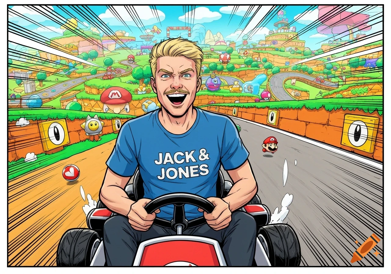 Blond man with a mustache in a 'Jack & Jones' shirt drives a red go-kart on a vibrant Mario Kart racetrack in comic art style.