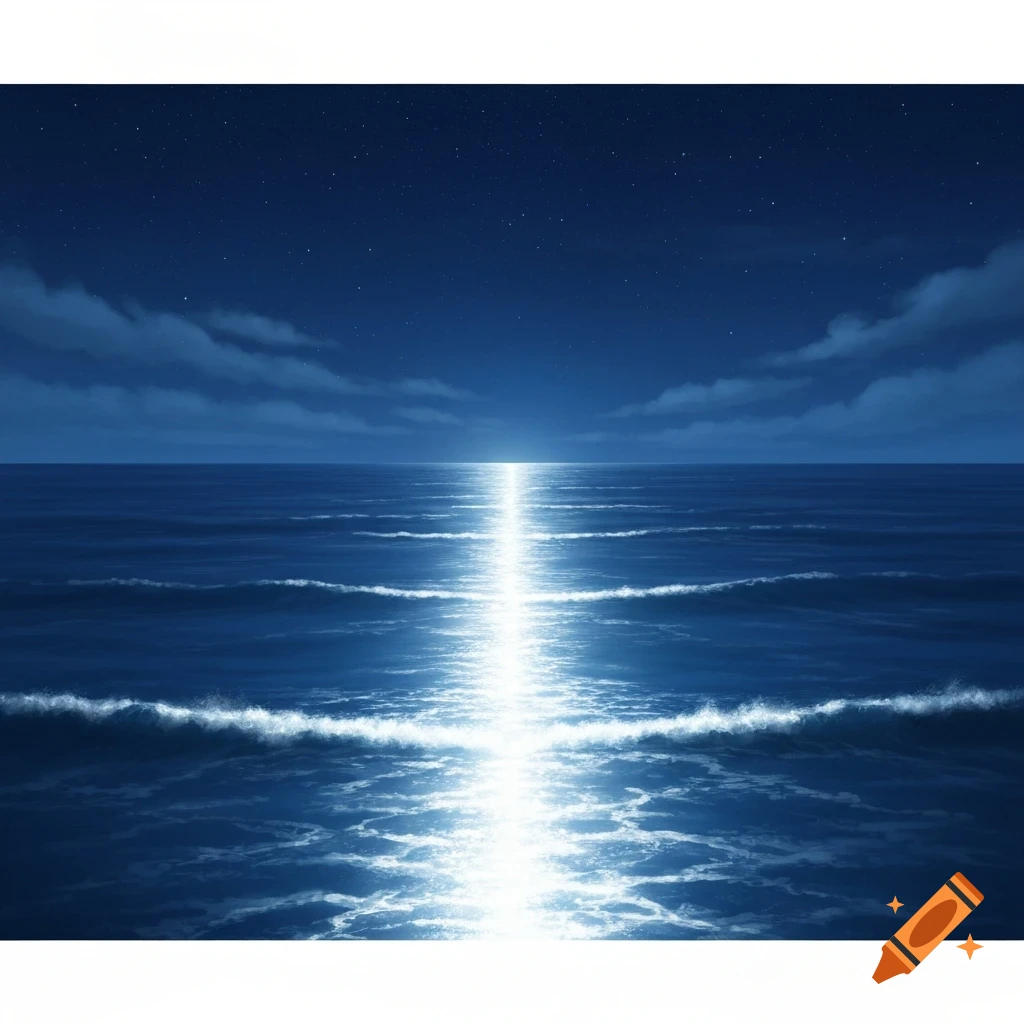 Digital art of a bright moon path on a dark ocean at night under a starry sky with clouds.