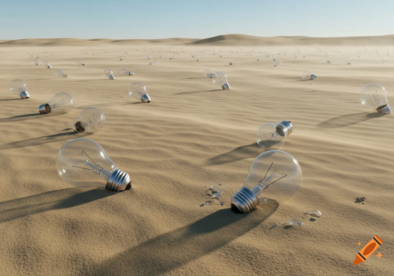 Photorealistic image of many lightbulbs, some broken, scattered across a windy desert landscape under a clear sky.