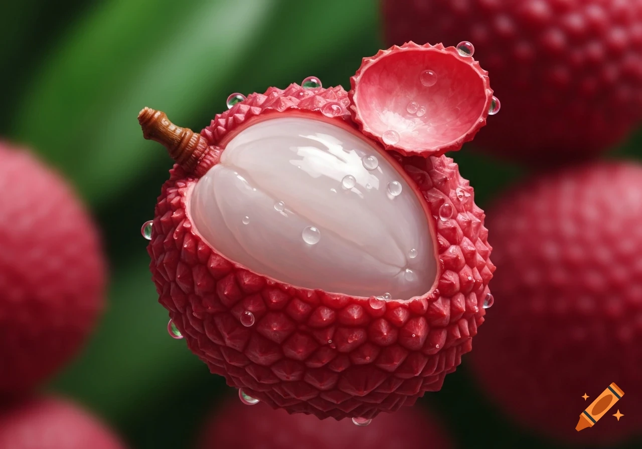 A close-up, photorealistic image of a red lychee, partially peeled to reveal its white flesh with water droplets on a green background.