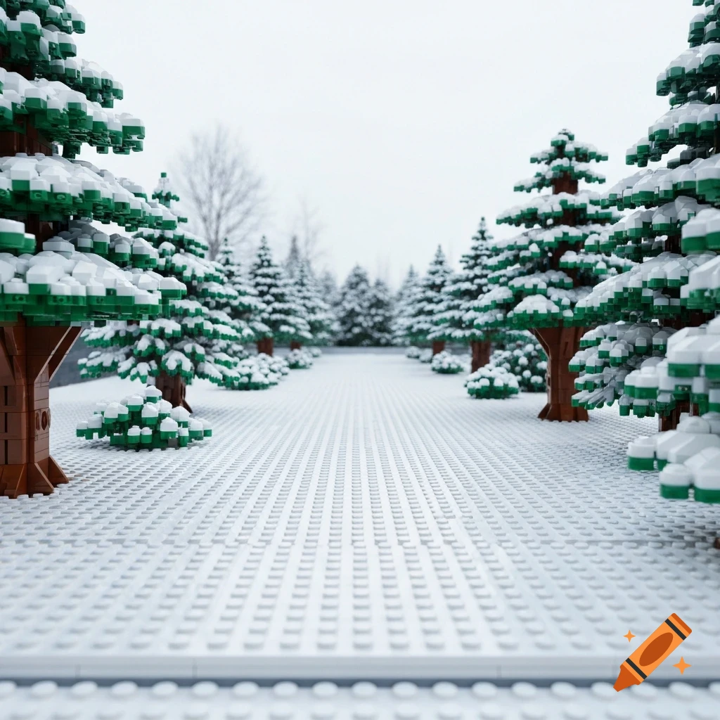 A photorealistic LEGO snowy landscape with green evergreen trees and white snow-covered ground.