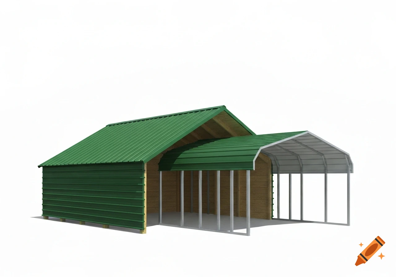 A 3D render of a storage building with a green metal A-frame roof and wooden siding, attached to a curved metal carport lean-to.