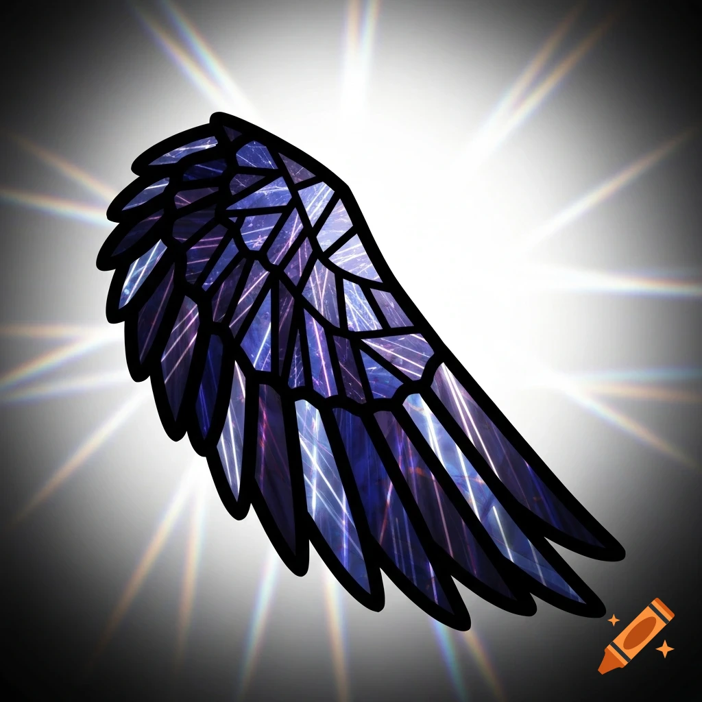 A stylized raven wing in a stained glass effect, with deep blues and purples, against a radiant white and gray background.