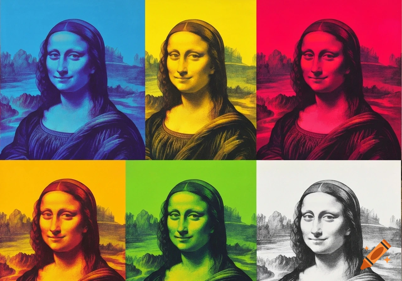 Six Pop Art panels of Mona Lisa portraits in vibrant colors: blue, yellow, red, orange, green, and black-and-white.