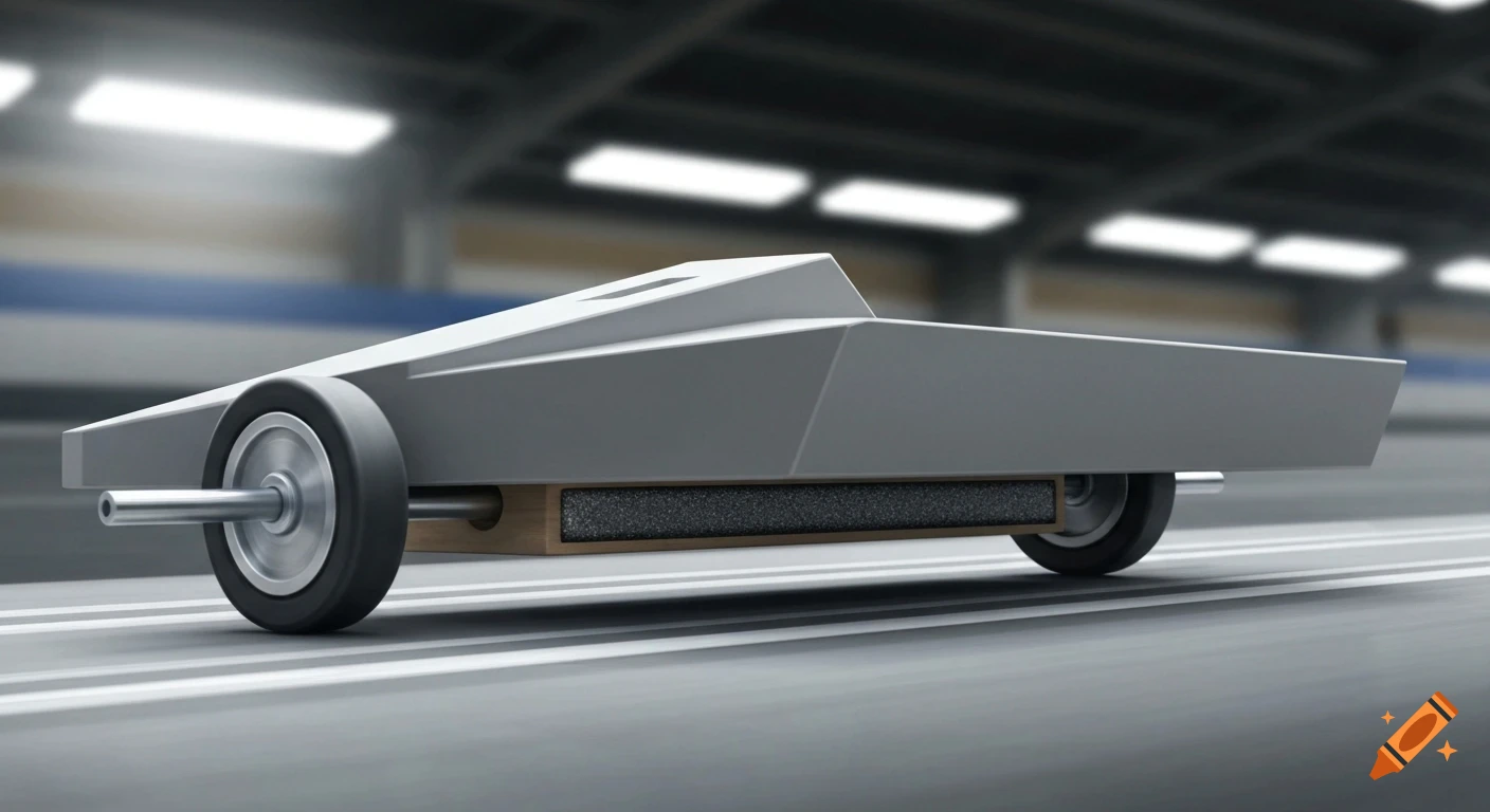 A low-profile, wedge-shaped gray pinewood derby car with visible tungsten weights on a track, viewed from a low side angle.