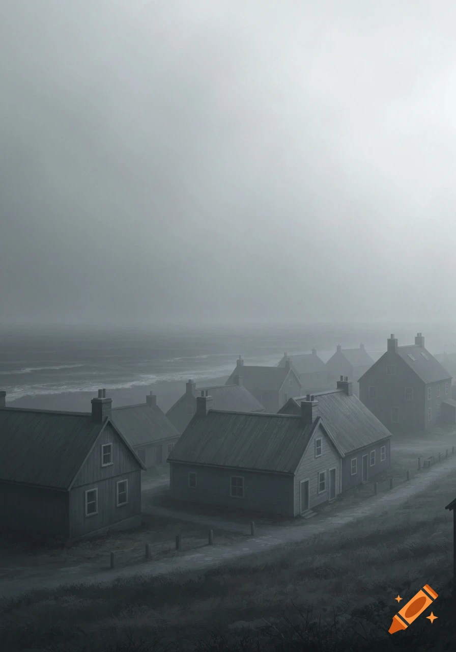 Photorealistic view of a melancholic, foggy coastal town with gray houses by a dark, wavy sea under a hazy sky.