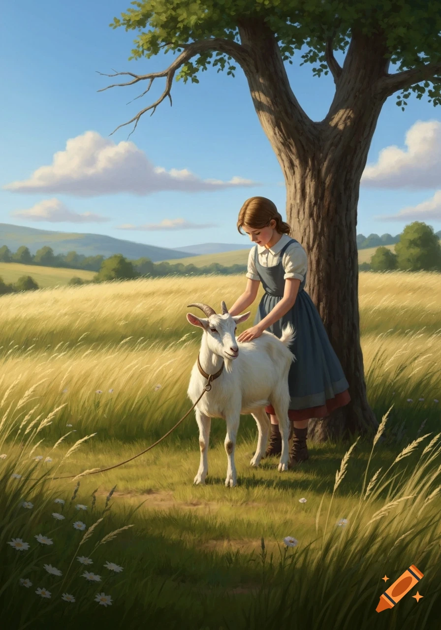 A young girl gently pets a white goat leashed to a large tree in a sunny, golden field, rendered in an illustrative style.