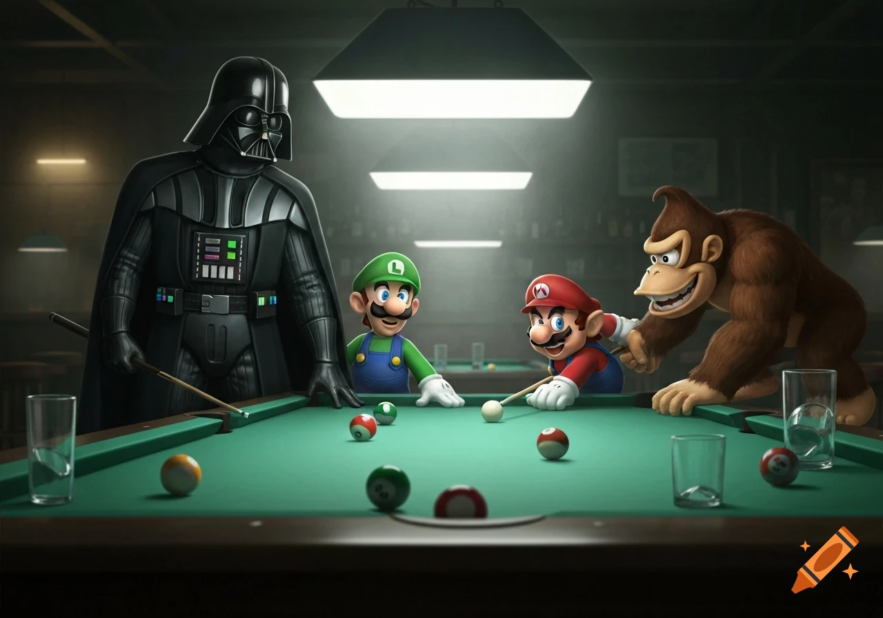 Darth Vader, Mario, Luigi, and Donkey Kong playing pool on a green table in a dimly lit room, rendered in a realistic 3D style.