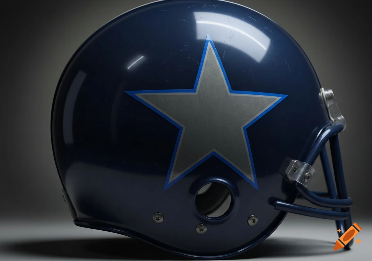 A dark blue football helmet with a grey star outlined in blue on the side, displayed on a dark background.