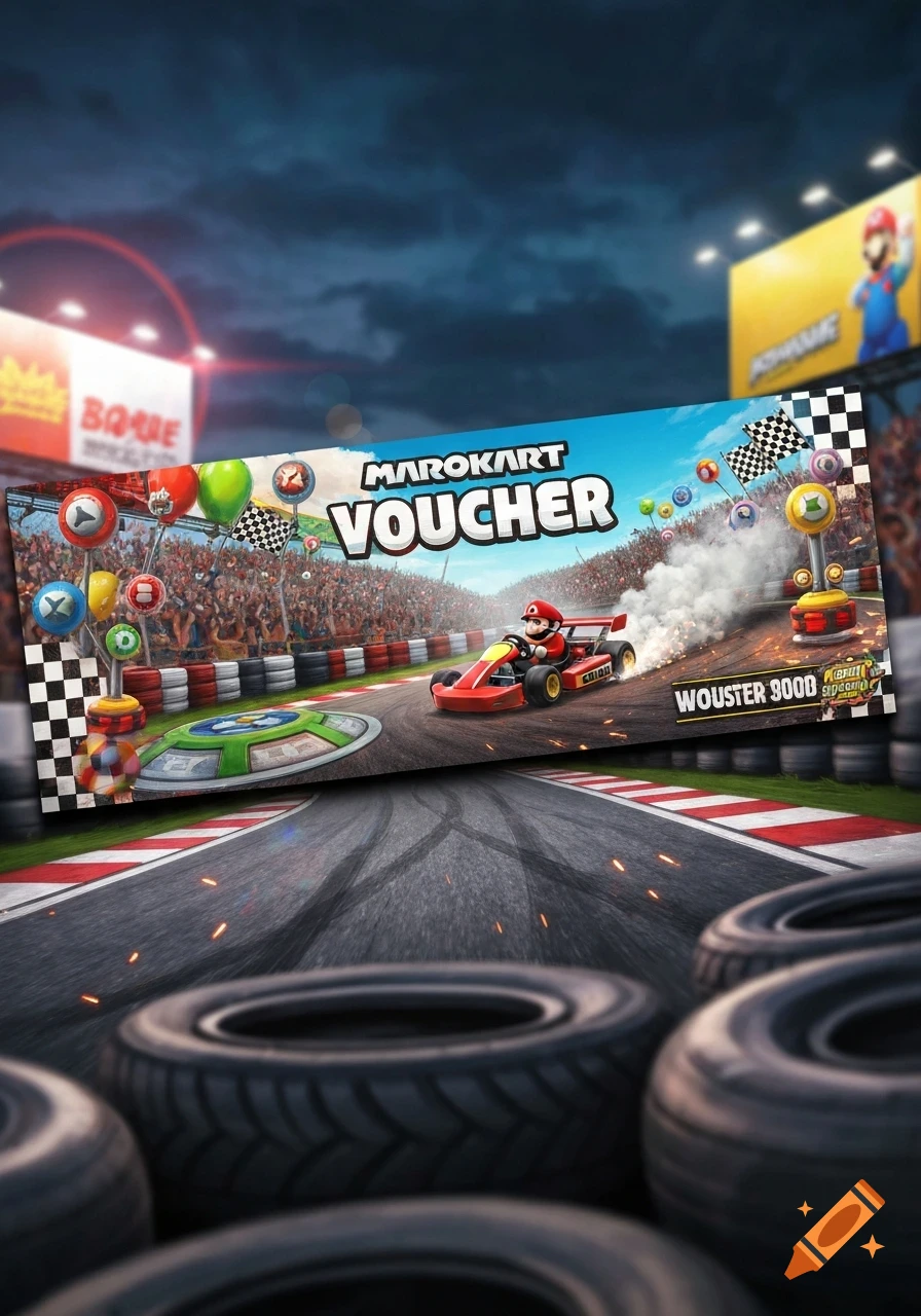 A Mario Kart-themed voucher for kart racing, featuring Mario in a kart on a track, with a cheering crowd and a dramatic sky. Text on the voucher reads "MAROKART VOUCHER".