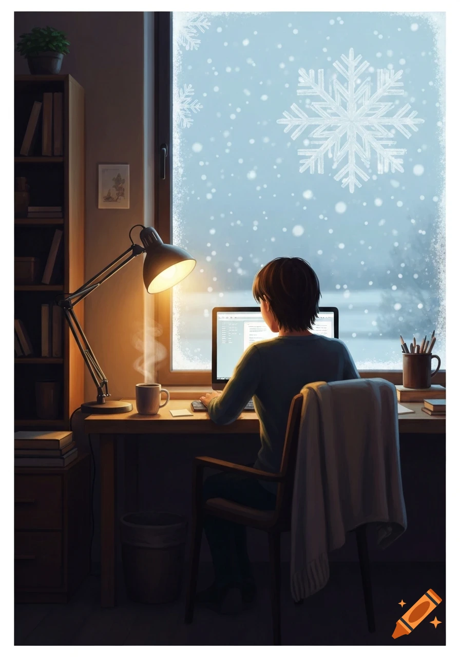 Person works on a laptop at a desk by a window with large snowflakes and falling snow outside, illuminated by a warm lamp.