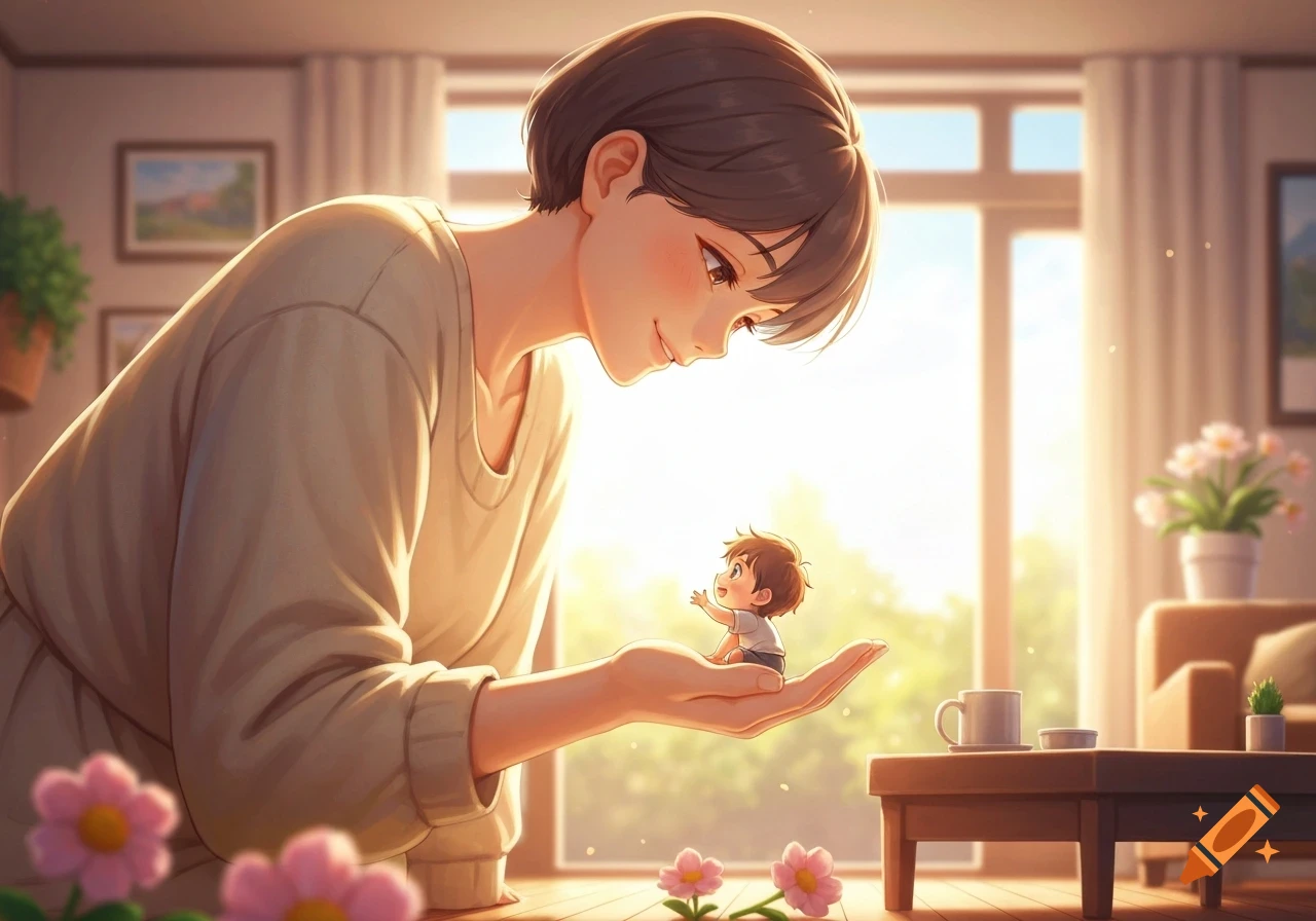 Anime-style woman gently gazes at a tiny child sitting in her open hand, bathed in warm sunlight.