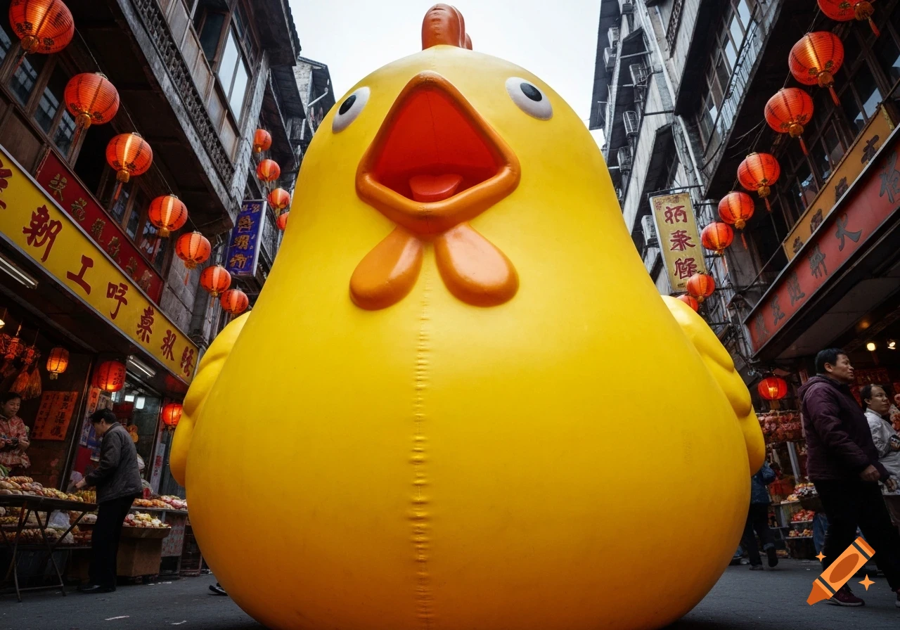 A giant yellow screaming inflatable chicken stands in a bustling Chinese street market with traditional buildings and red lanterns, photorealistic.