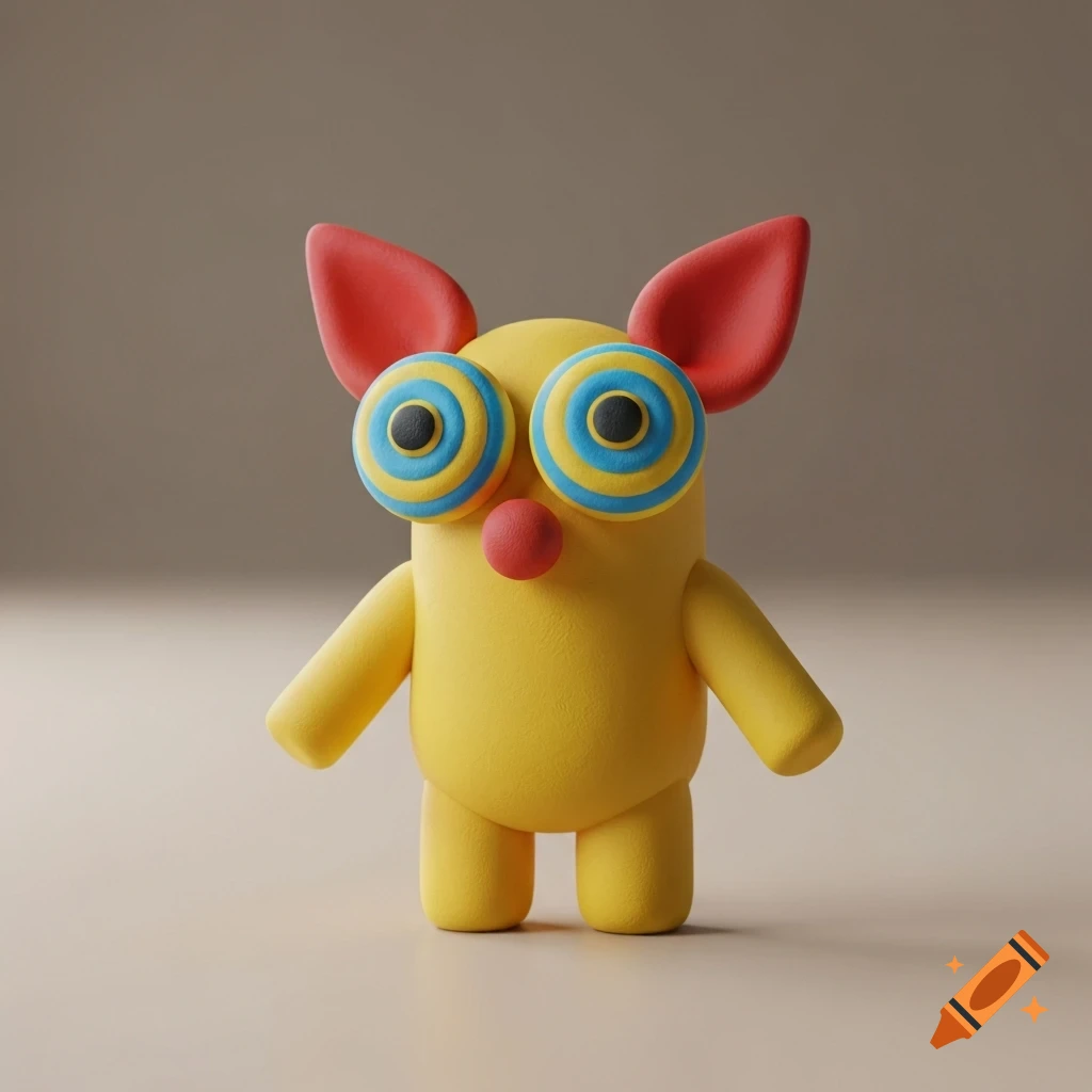 A yellow Play-Doh-like monster figure with large blue and yellow concentric eyes, red ears, and a red nose stands on a beige background.