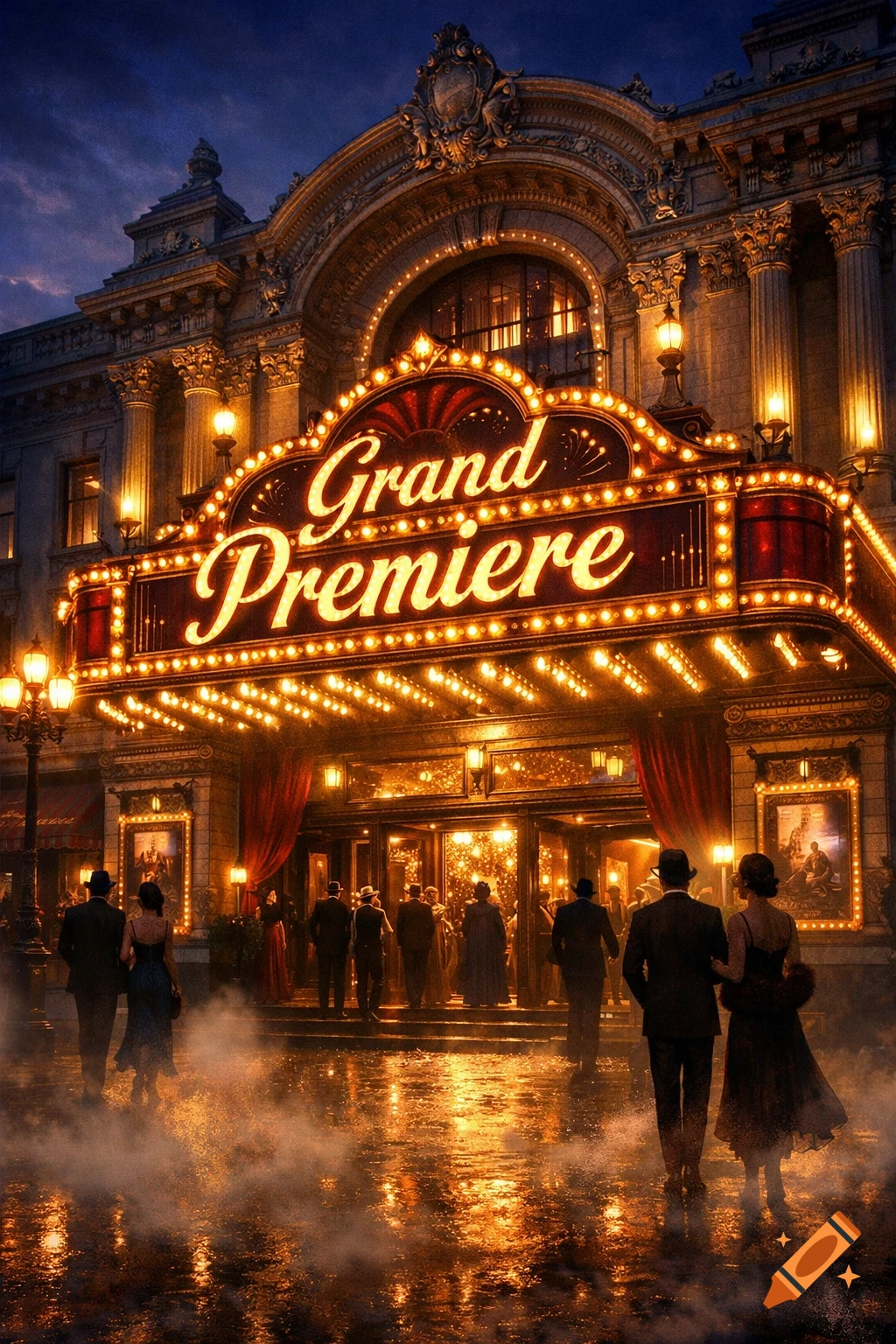 A grand theater entrance illuminated by a 'Grand Premiere' marquee at night, with formally dressed people arriving on a wet, reflective ground.
