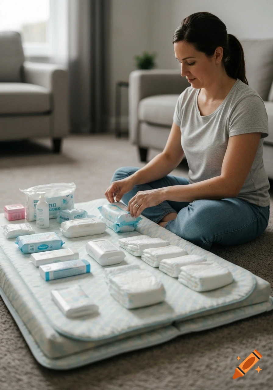 A woman sits on a living room floor, organizing baby diapers and wipes on a changing mat.