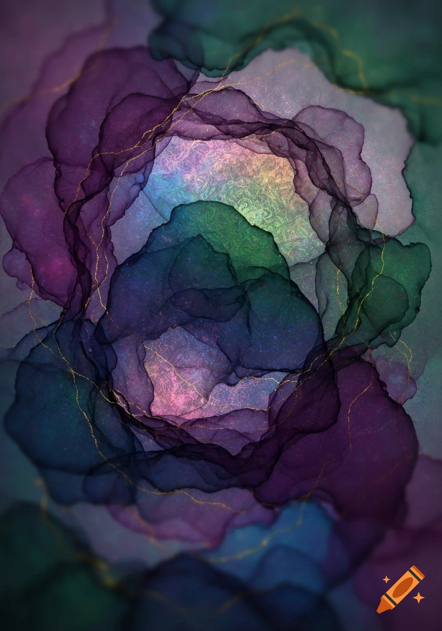 Abstract fluid art with layers of deep purple, blue, teal, green, and pink, accented with delicate gold lines.