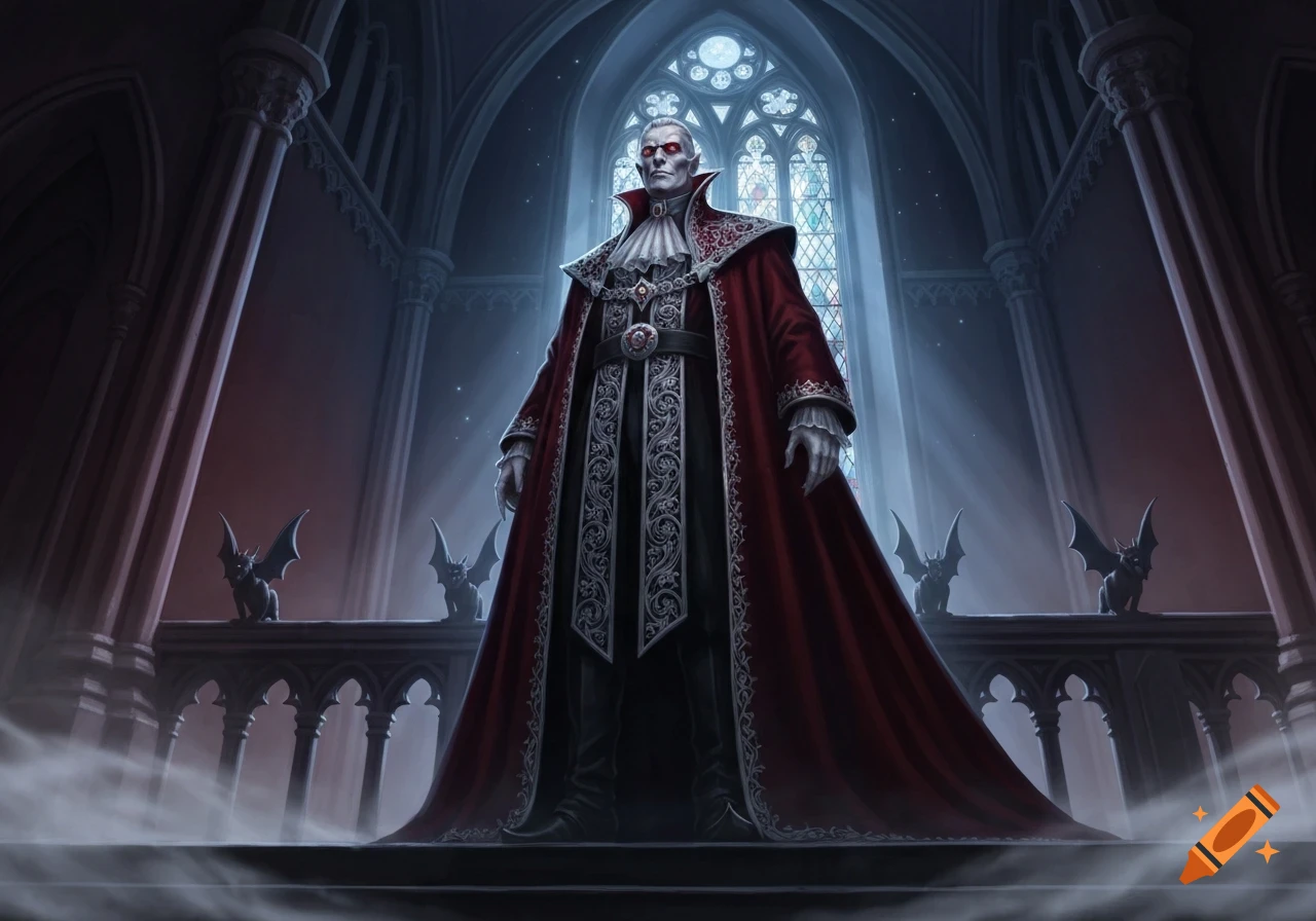 A male vampire lord with pale skin and red eyes stands in a dark, ornate gothic hall with a stained glass window, wearing a long red and black robe.