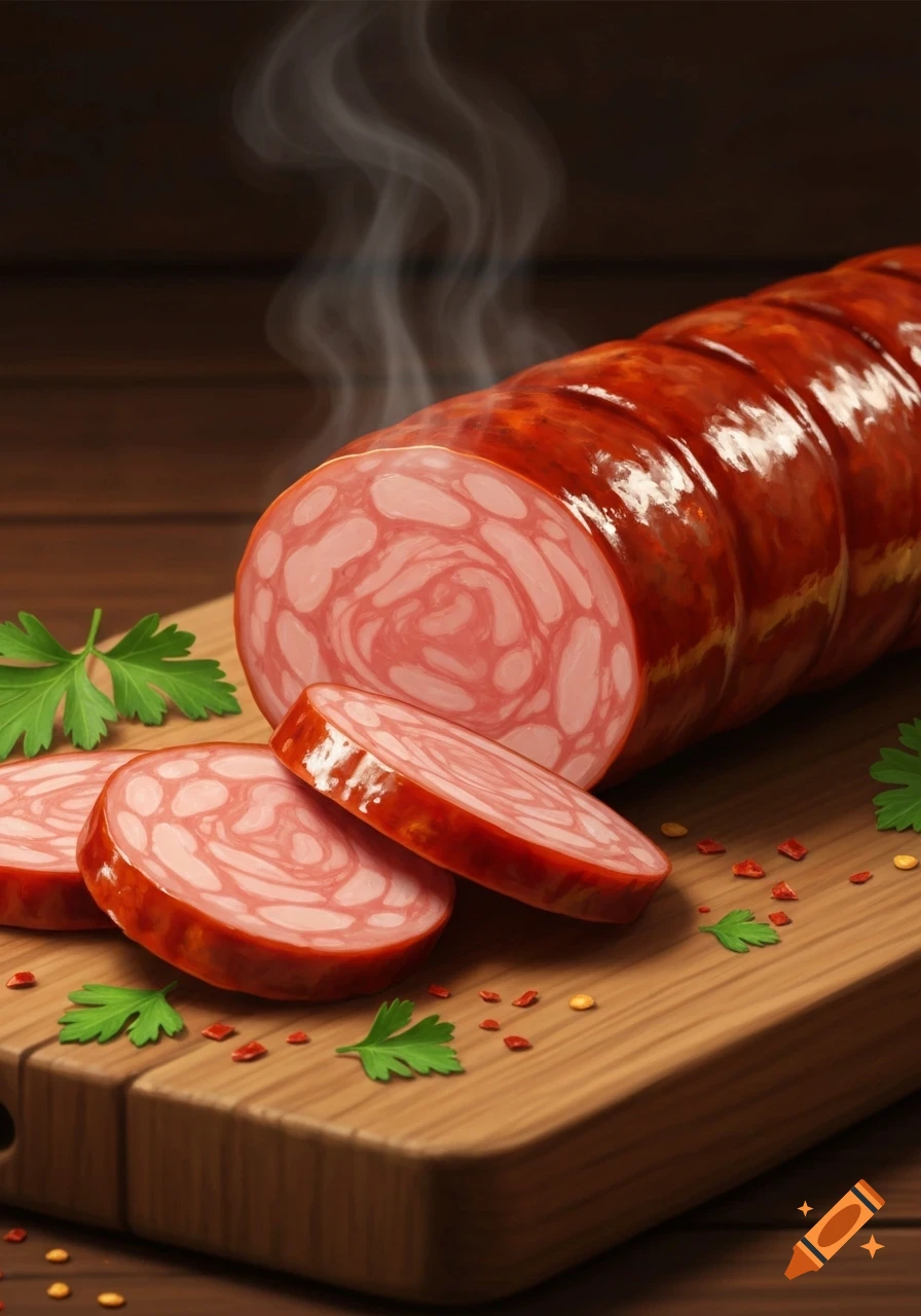Sliced sucuk sausage on a wooden cutting board with parsley and red pepper flakes, steam rising.