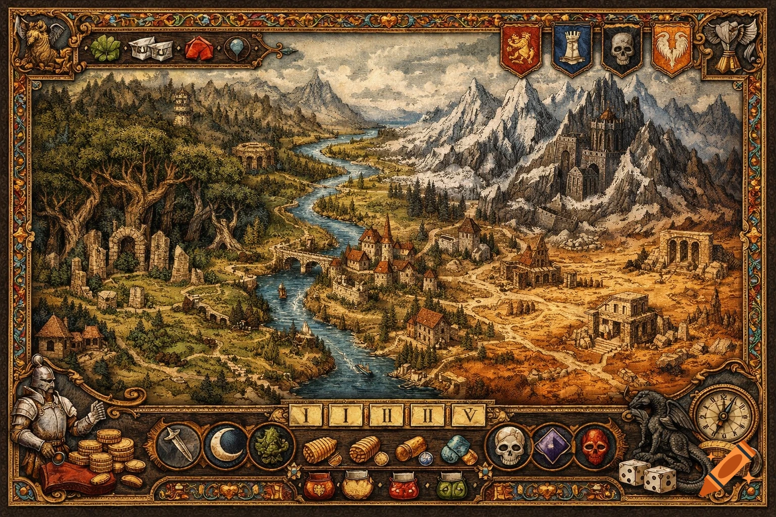 An intricate medieval fantasy board game map depicting forests, a river, snowy mountains, a castle, and desert ruins, framed with game elements.