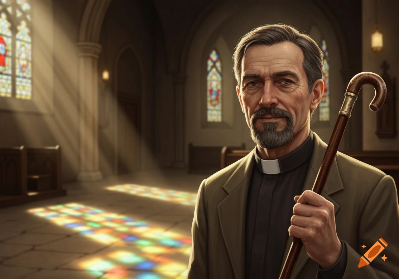 A photorealistic portrait of an older man with a goatee, wearing a clerical collar and a suit, holding a walking cane in a sunlit church.