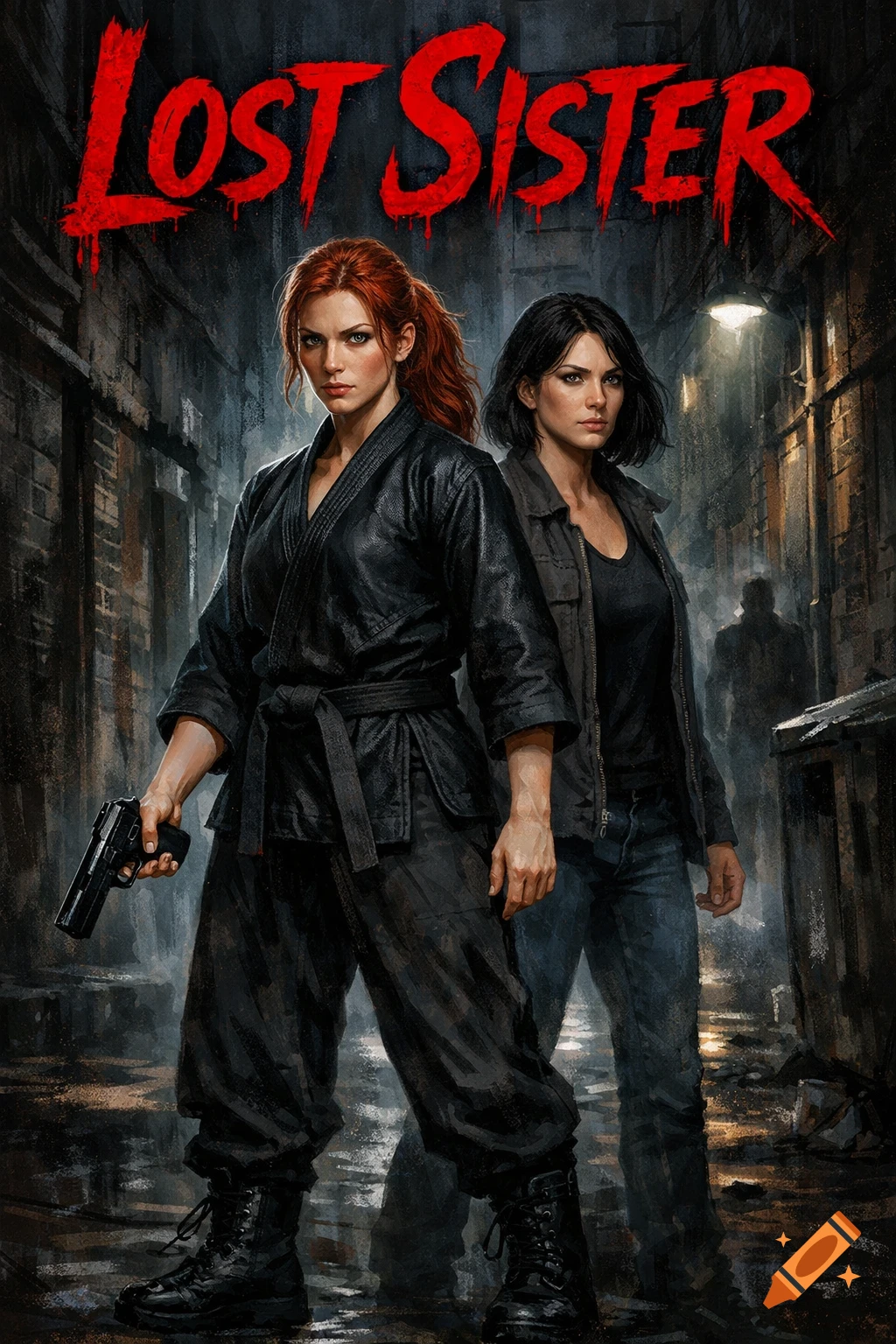 Comic art cover: A red-haired woman in a black gi with a pistol and a dark-haired woman in a jacket stand in a dark alley under the title 'LOST SISTER'.