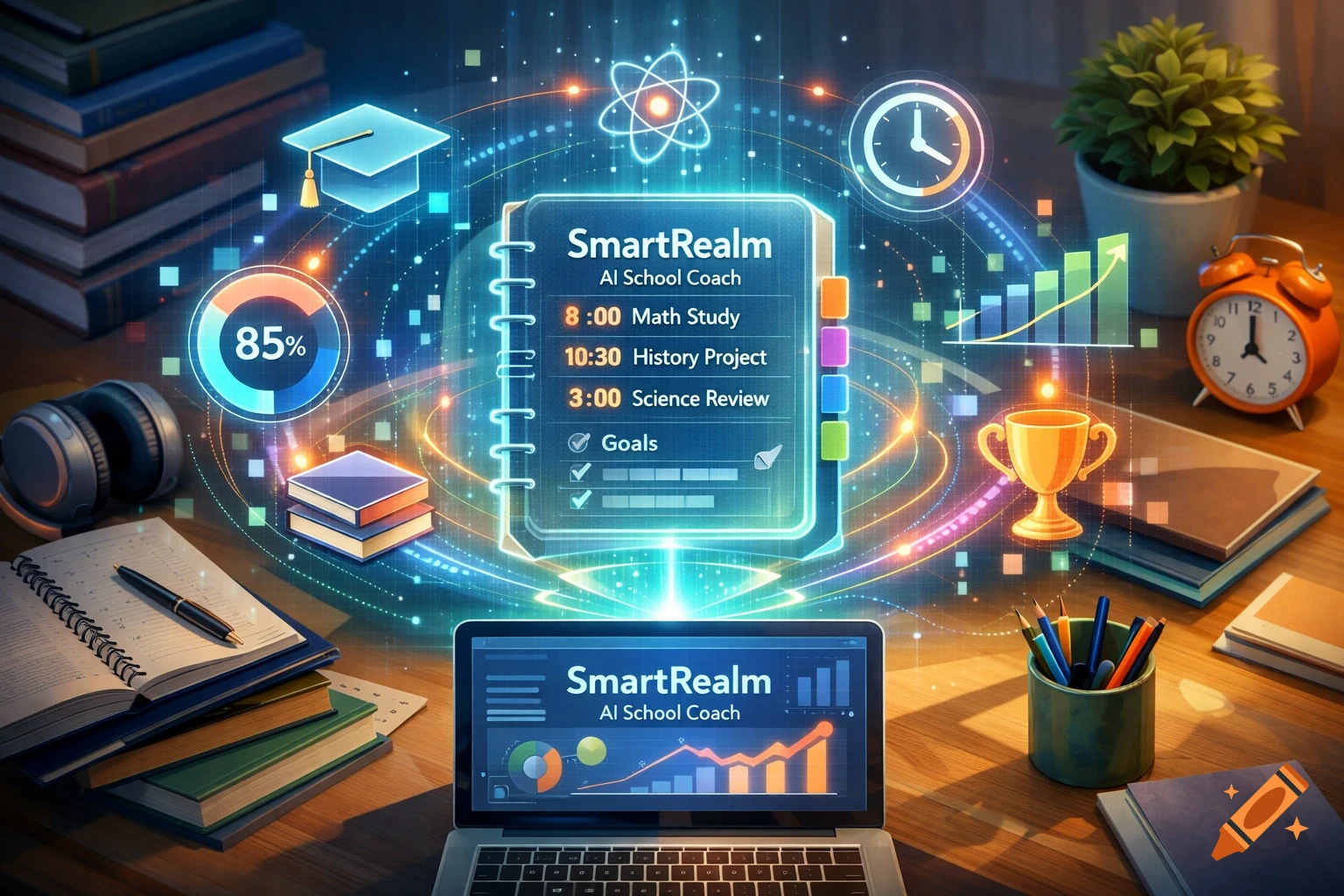 A desk with a laptop, books, and study supplies, surrounded by glowing holographic interfaces depicting an AI school coach app.