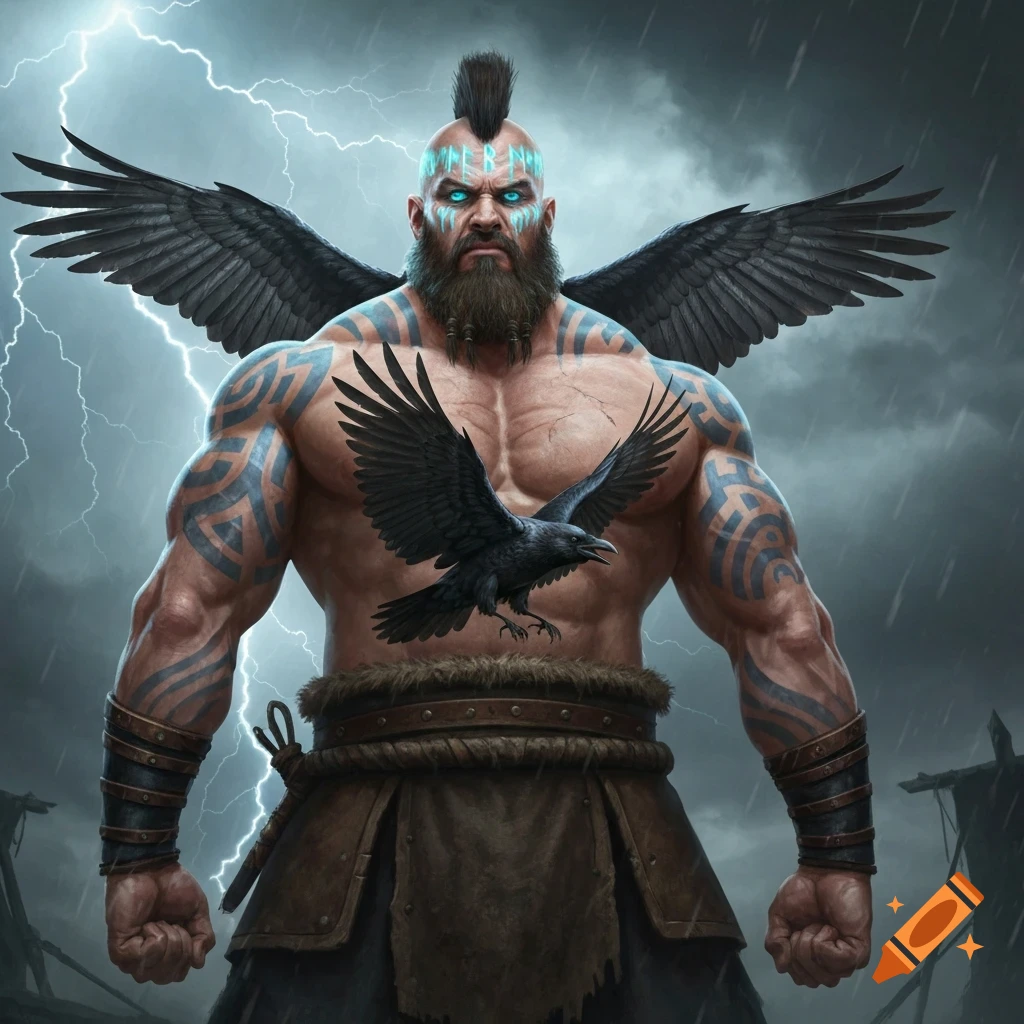A muscular Viking-like man with a mohawk, beard, and glowing blue eyes, covered in blue tribal tattoos and runes, stands in a storm with raven wings and a raven on his chest.