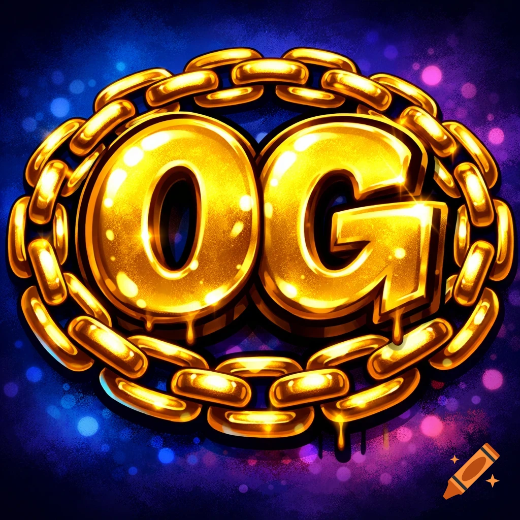 Gold bubble letters 'OG' with dripping effects, encircled by a thick gold chain on a vibrant blue and purple background.