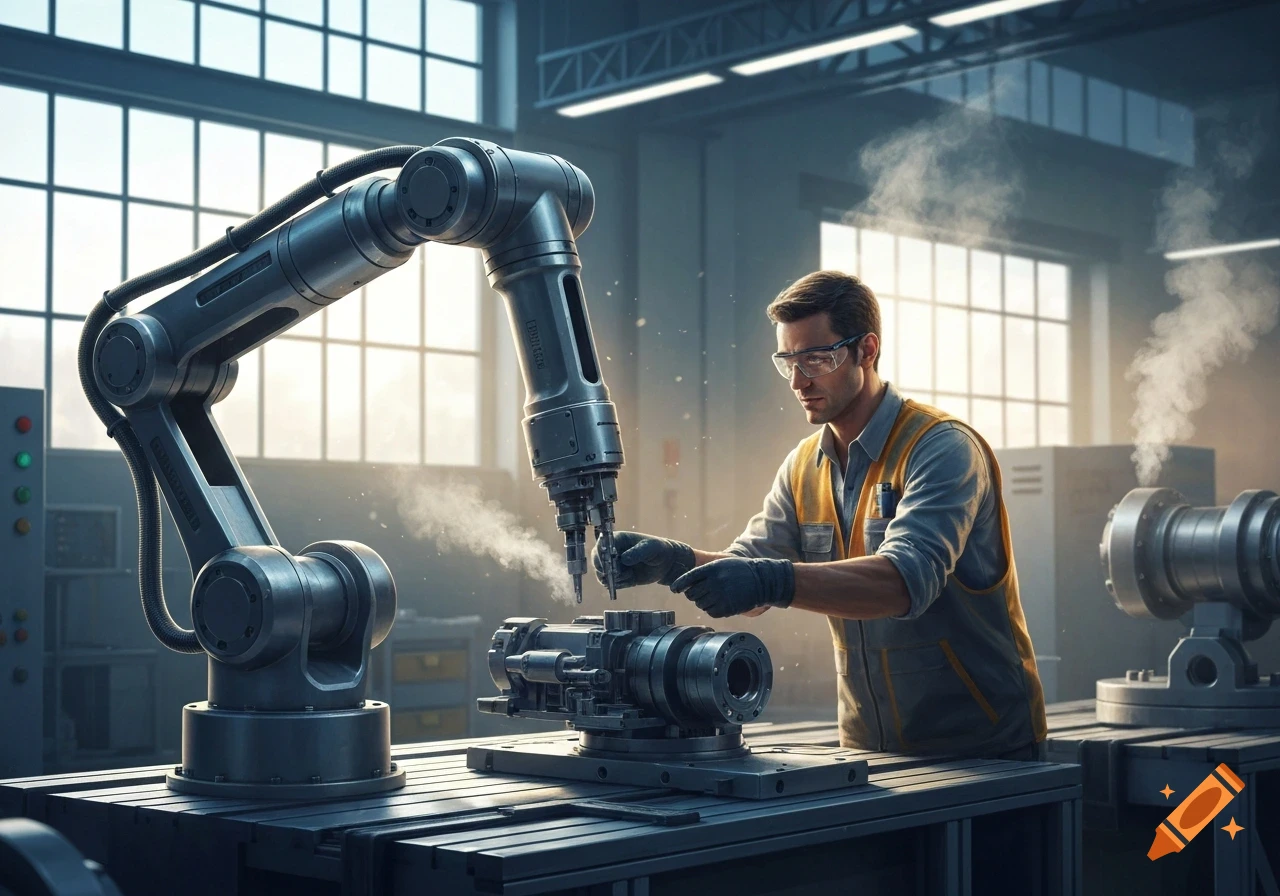 A man in safety glasses and a vest operates alongside a robotic arm on a machine in a factory.