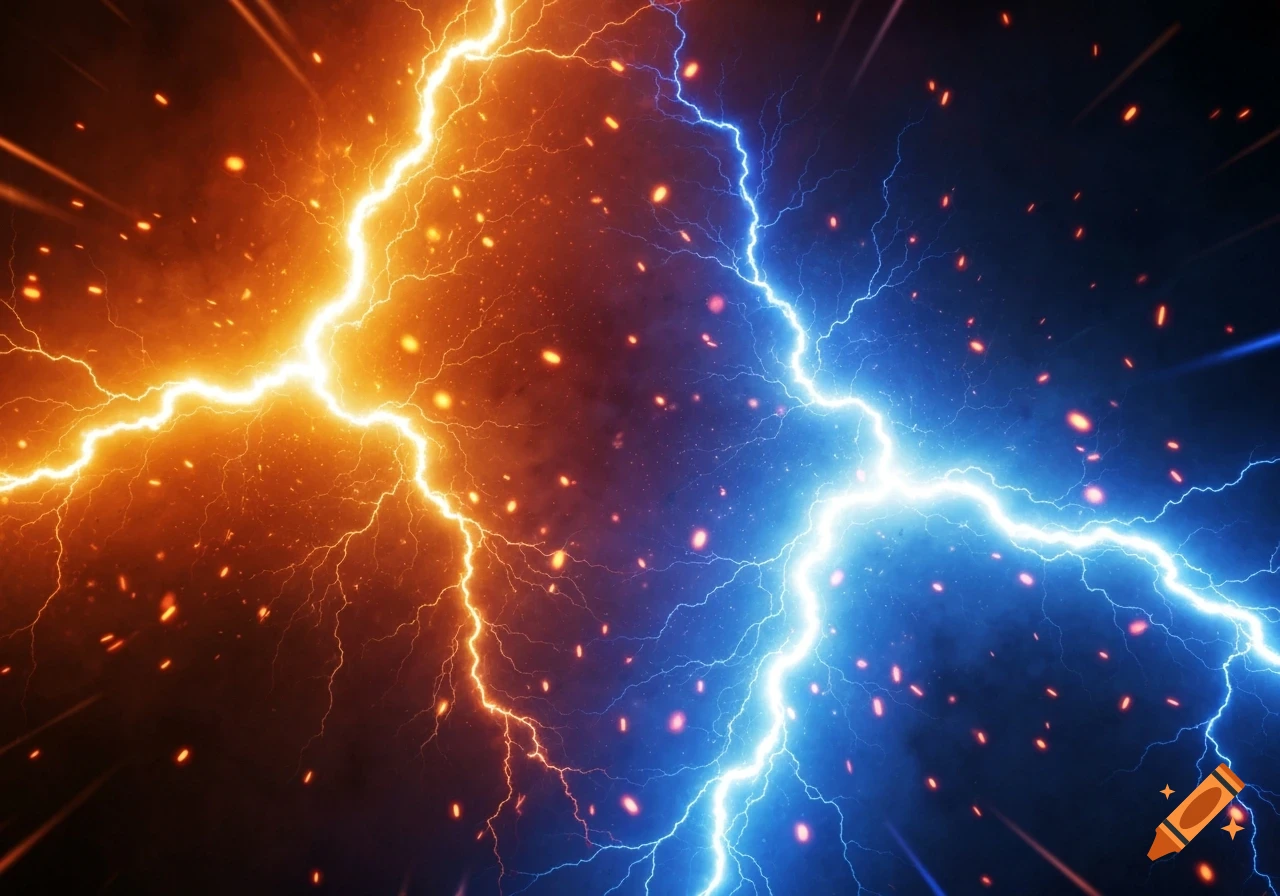 Vibrant orange and blue lightning bolts clash across a dark, stormy background with fiery sparks.