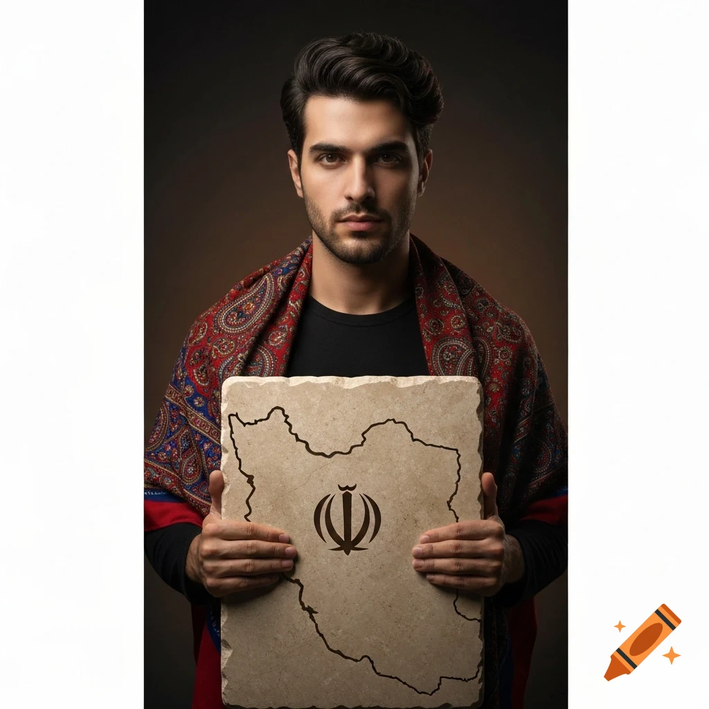 A man wearing a black shirt and a red paisley shawl holds a stone tablet shaped like Iran with its national emblem.