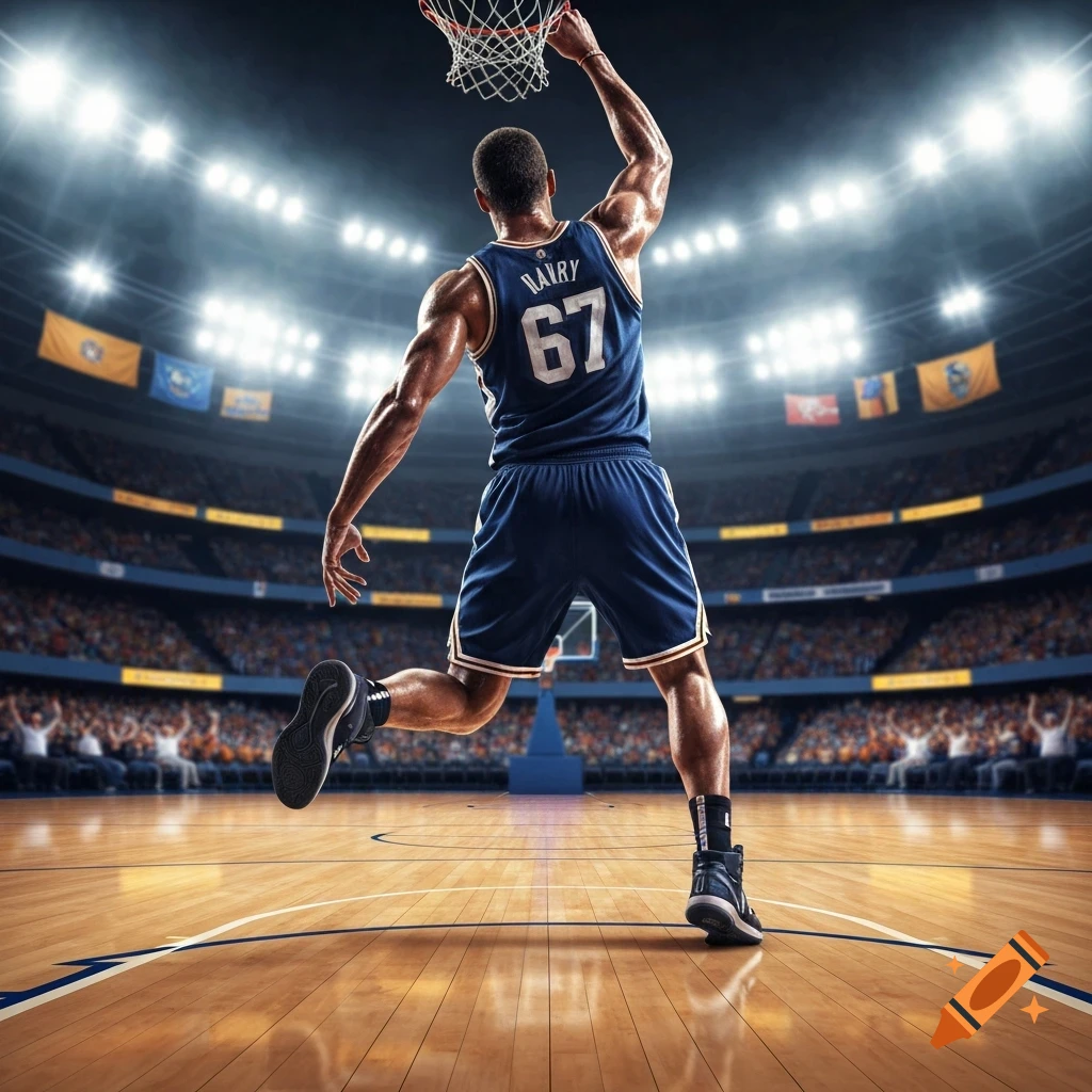 Photorealistic image of a basketball player, seen from behind, dunking in a brightly lit stadium full of spectators.