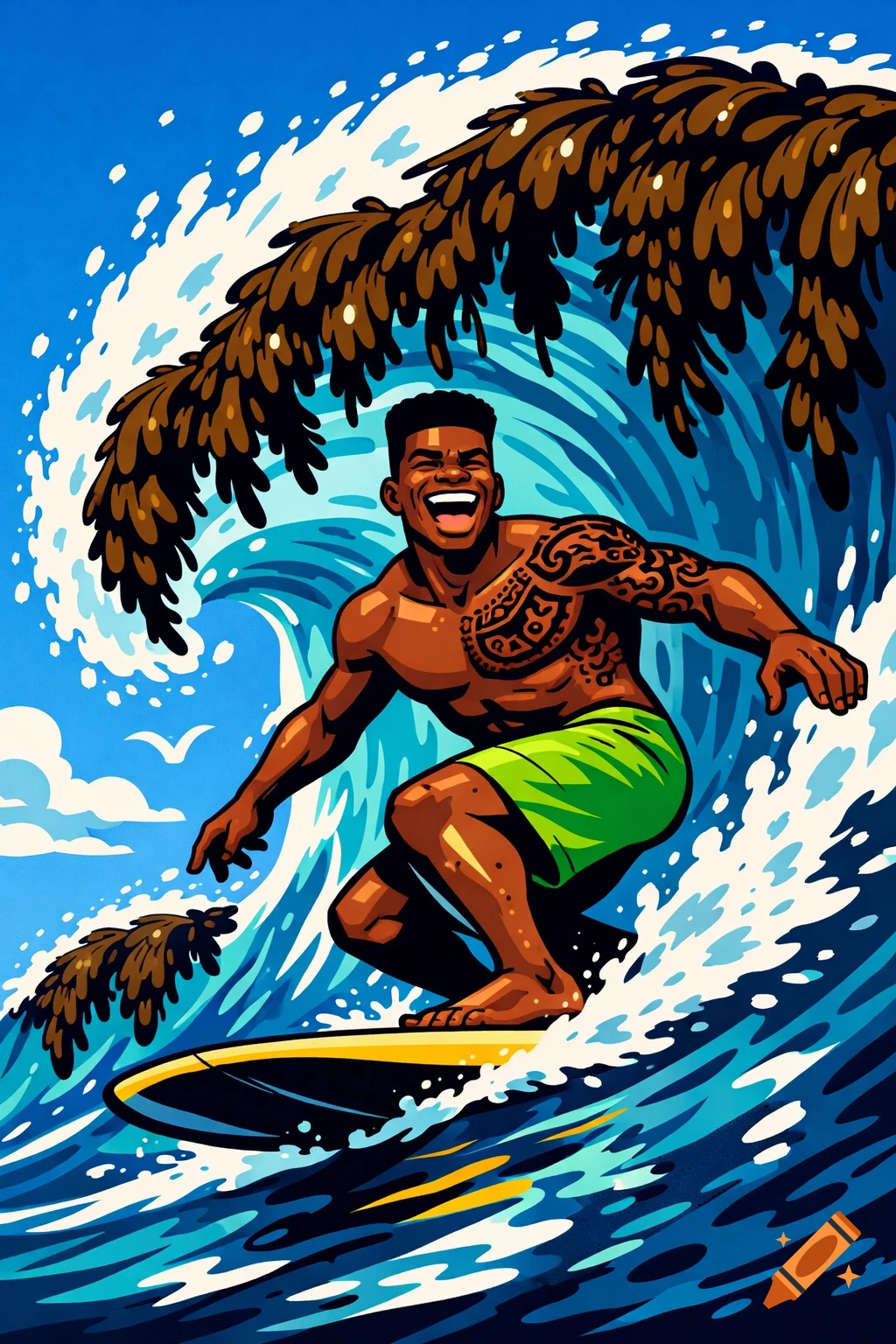 A happy dark-skinned man with tribal tattoos surfs a large ocean wave full of seaweed, in a flat shading cartoon style.